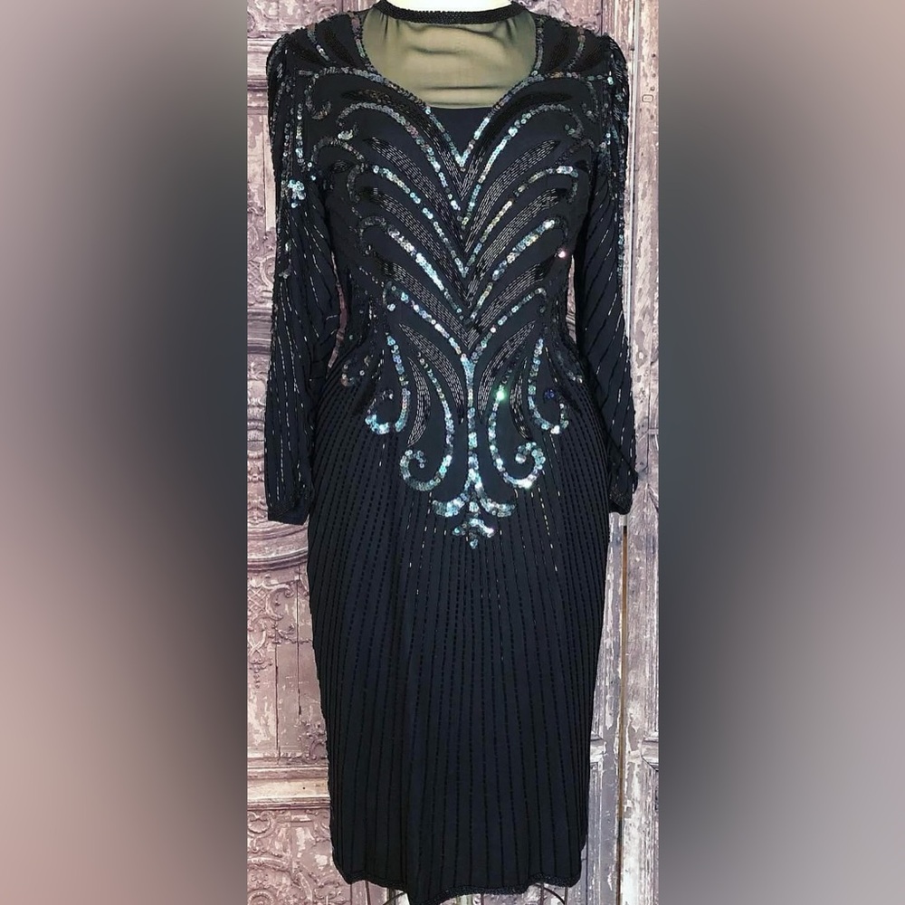 Liptons vintage silk chiffon black sequin dress Medium